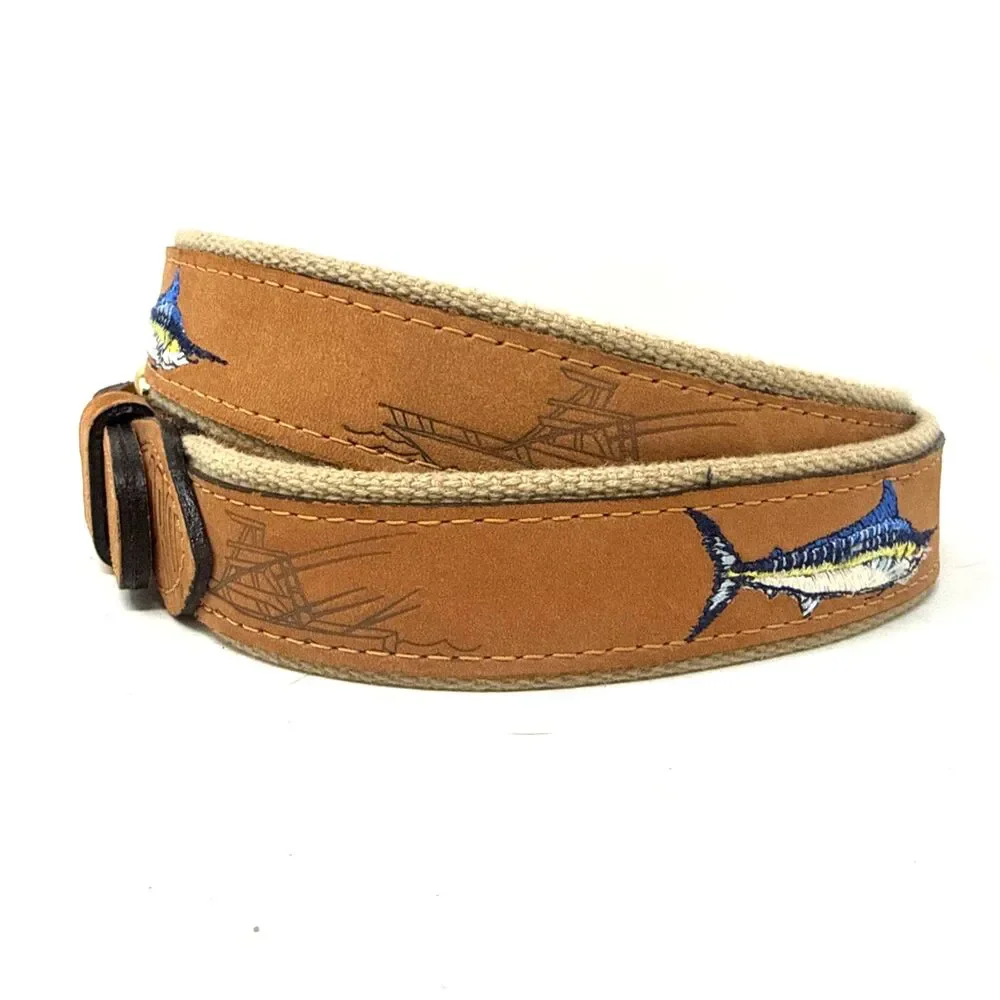 Zep Pro Leather Embroidered Marlin Belt Mens Sz 42 Tan Buff Emboss Fishing Boat